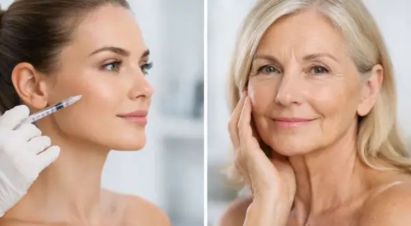 En kvinna får botox. Bredvid, en äldre kvinna med mjuk hud, som en solig dag efter botox.