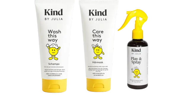 Kind by Julia schampo, hårmask och balsamspray. Perfekt för att reda ut tovigt hår och ge det glans.