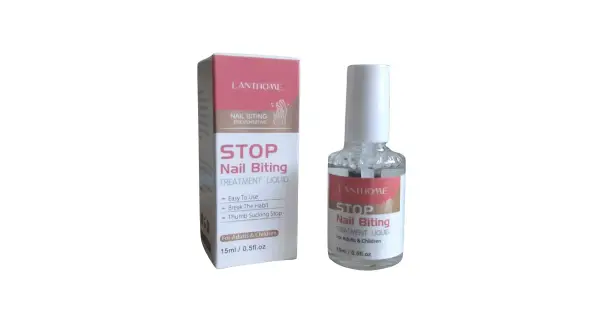 En låda och en flaska med "STOP Nail Biting Treatment Liquid" för att hjälpa dig sluta bita på naglarna.