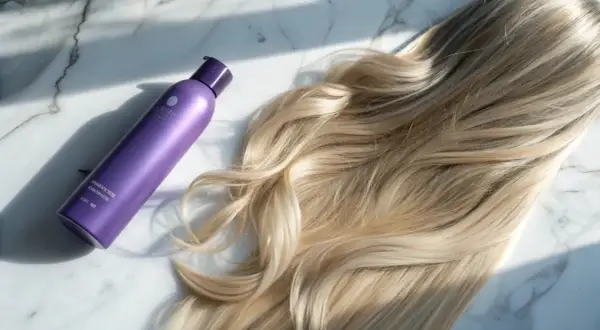 Lila flaska med hårtoning bredvid blont hår. Perfekt för kall brun toning hemma för en fräsch look.