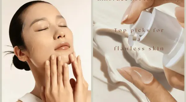 Koreansk hudvård 10 steg: en kvinna med sheet mask och en hand som applicerar kräm för en felfri hy.