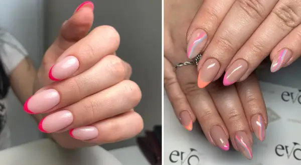 Två bilder visar fransk manikyr på korta naglar. Den vänstra bilden har neonrosa tippar, den högra har pastellfärgade linjer och neonfärger.