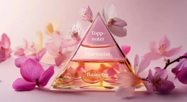 En pyramidformad parfymflaska med texten "Toppnoter", "Hjärtnoter" och "Basnoter" omgiven av rosa och vita blommor. Doftnoter parfym.