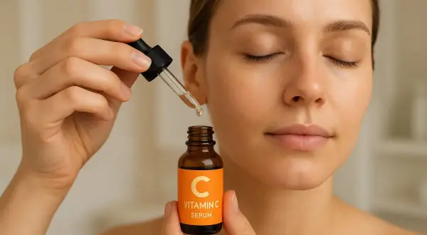 En kvinna med slutna ögon håller en flaska C-vitaminserum och en pipett. Hon förbereder sig för att applicera serumet, en nyckel till hur man får glow i ansiktet.