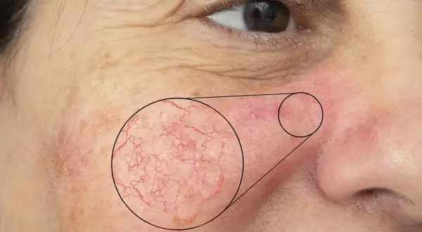 Närbild på kinden visar rodnad och synliga blodkärl, tecken på mild rosacea.