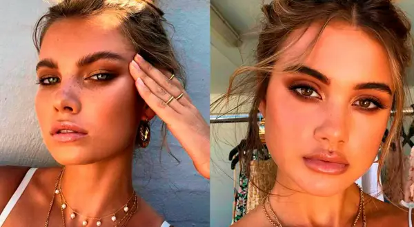 Två kvinnor med solkysst hud och mjukt, varmt smink. Deras ögon är framhävda med bruna toner, en perfekt latte makeup-look.