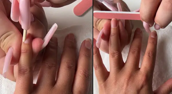 Två bilder visar steg i att göra gelenaglar hemma. En hand filar naglar, en annan förbereder nagelbanden.