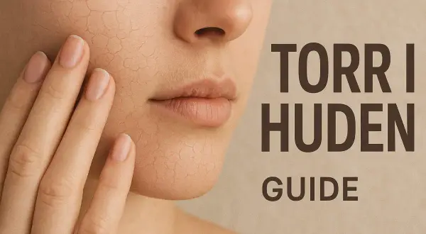 Nära bild på en persons ansikte med synligt yttorr hud. Texten "TORR I HUDEN GUIDE" syns till höger.
