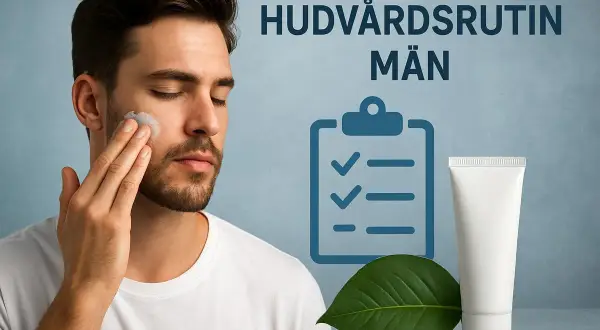Man applicerar kräm för en normal hud. En checklista och en tub visar en hudvårdsrutin för män.