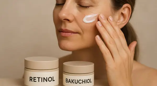 Kvinna applicerar kräm på ansiktet. Två burkar syns, en med texten RETINOL, som kan hjälpa mot akne.