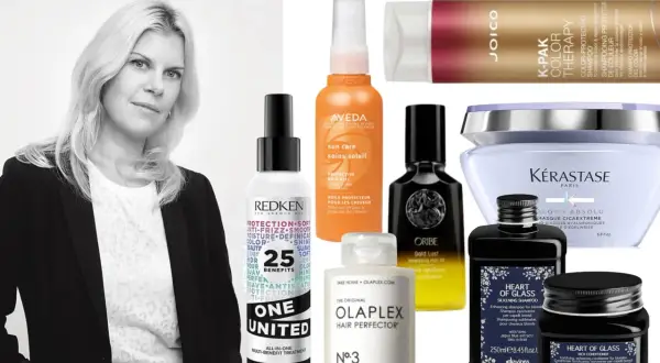Kvinna med naturligt blont hår omgiven av lyxiga hårvårdsprodukter från märken som Kérastase, Oribe och Aveda.