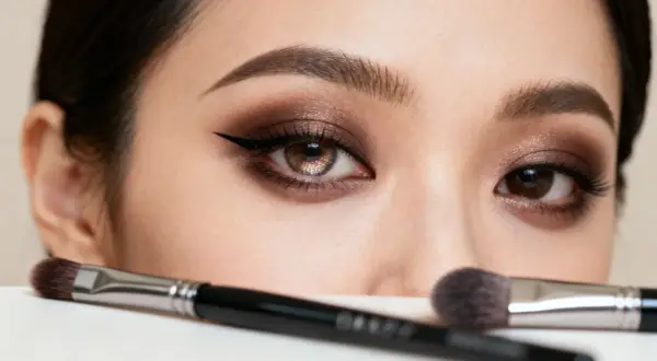 En närbild på ögon med sotad sminkning, eyeliner och glittrande skuggor. Två sminkborstar ligger framför.