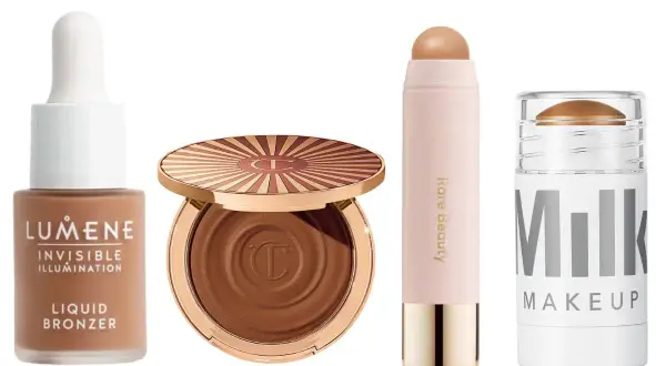 Fyra olika bronzers: flytande från Lumene, puder från Charlotte Tilbury, stick från Rare Beauty och en till stick från Milk Makeup. Alla ger en fin, kall bronzer-effekt.