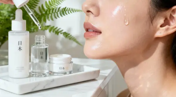 En droppe serum faller mot en glänsande hud, omgiven av japanska skönhetsprodukter. J beauty för en strålande lyster.