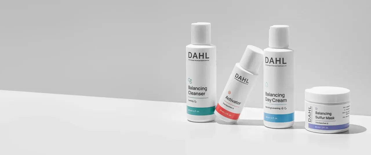 DAHL-produkter för balanserad hud, perfekt för dig med torr och fet hy samtidigt. Rengöring, aktivator, dagkräm och mask.