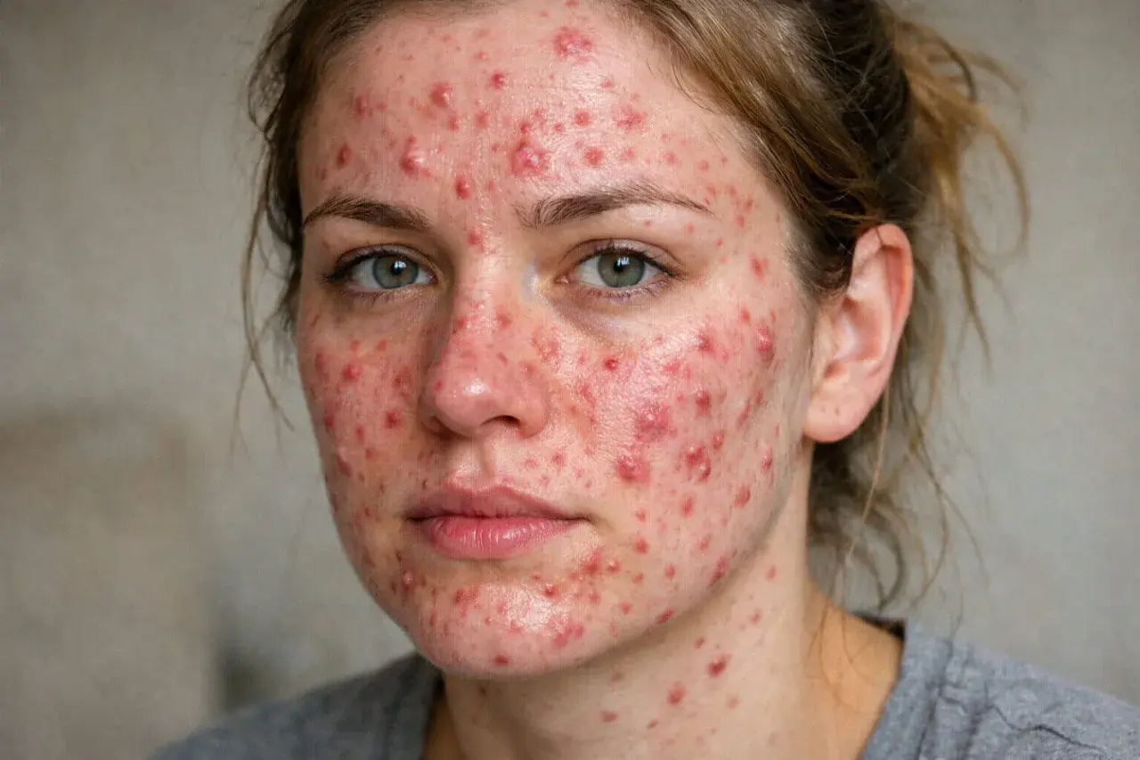 Närbild på en kvinna med svår akne och rodnad i ansiktet, möjligen periorbital dermatit.