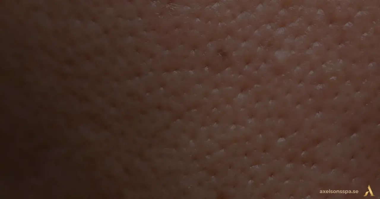 Närbild på hud med synliga, stora porer. Texturen visar små fördjupningar som ger ett mönster.