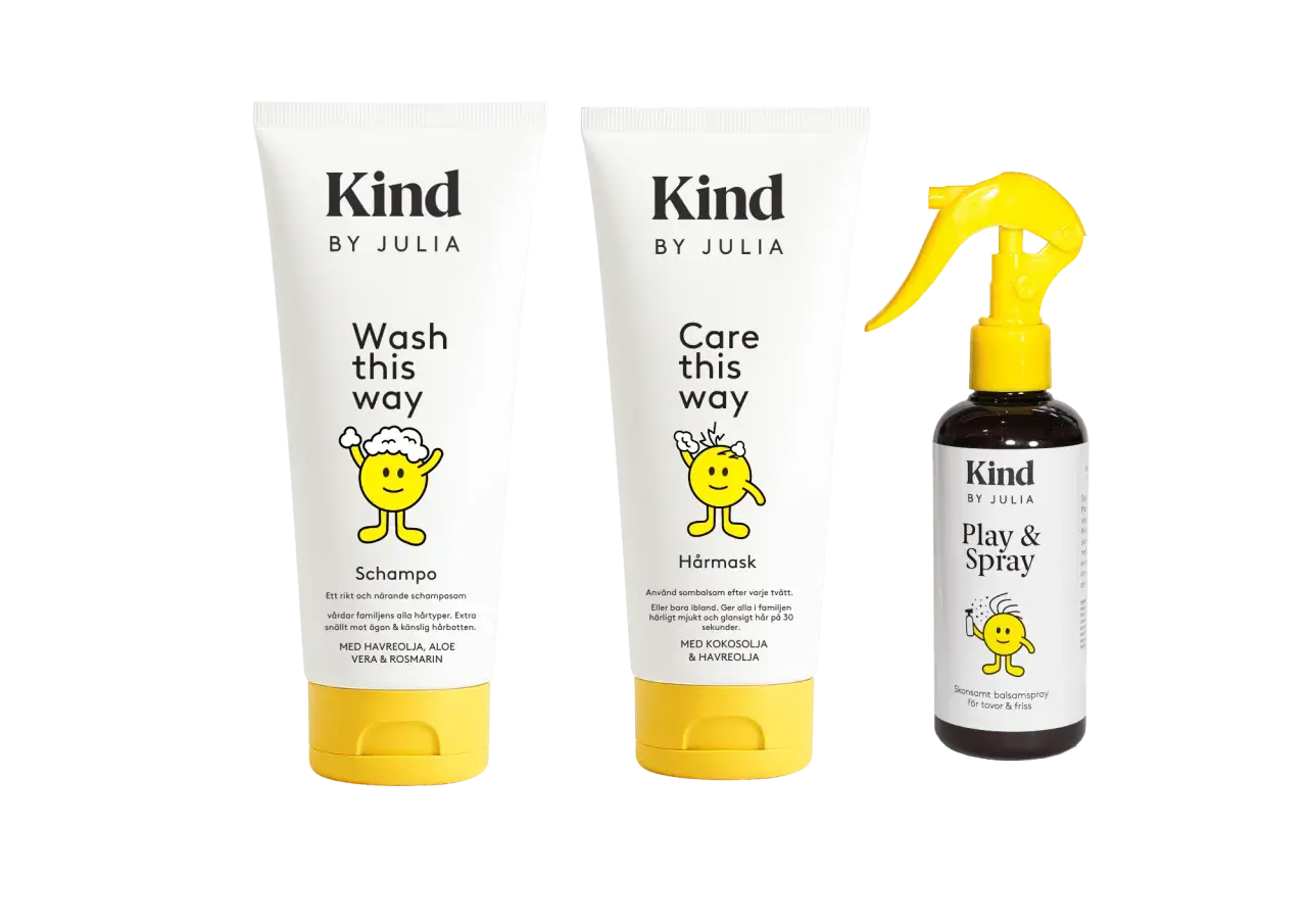 Kind by Julia schampo, hårmask och balsamspray. Perfekt för att reda ut tovigt hår och ge det glans.