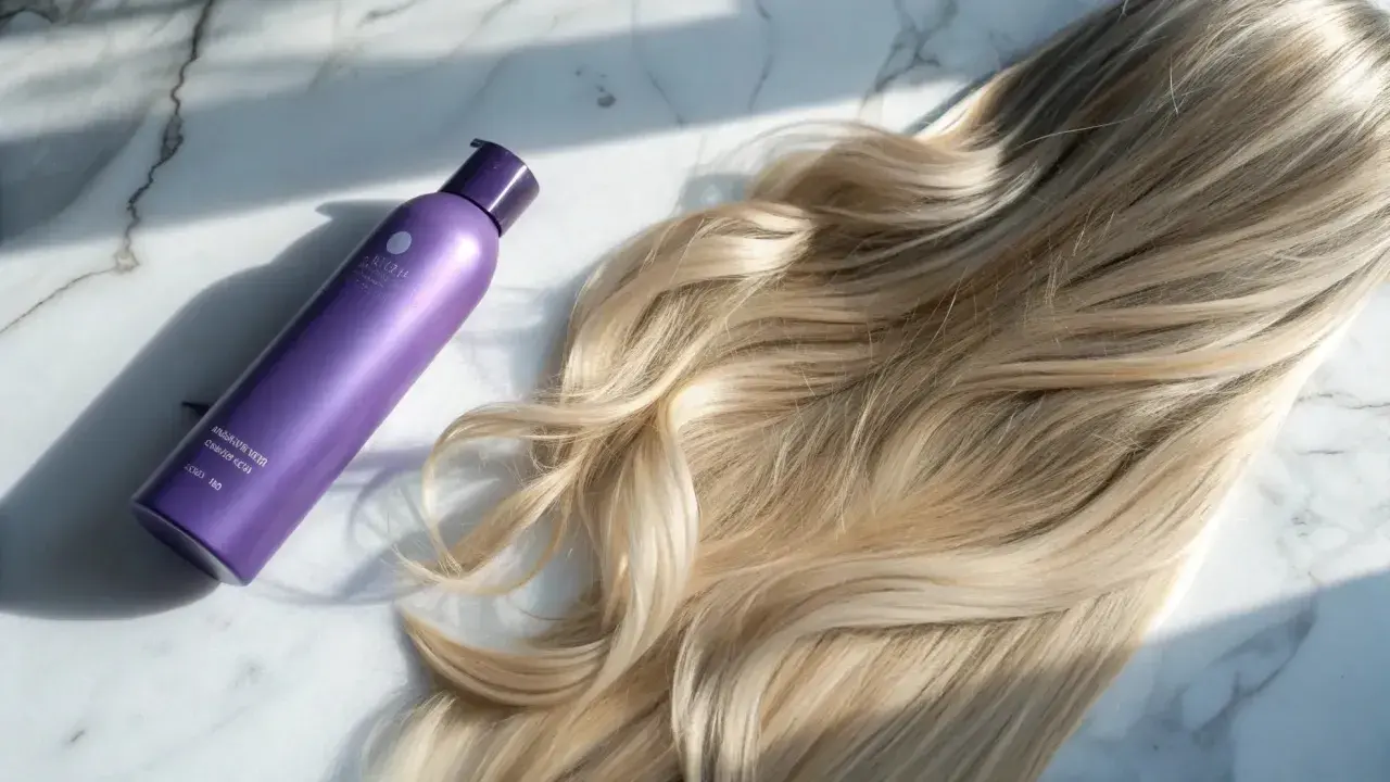 Lila flaska med hårtoning bredvid blont hår. Perfekt för kall brun toning hemma för en fräsch look.