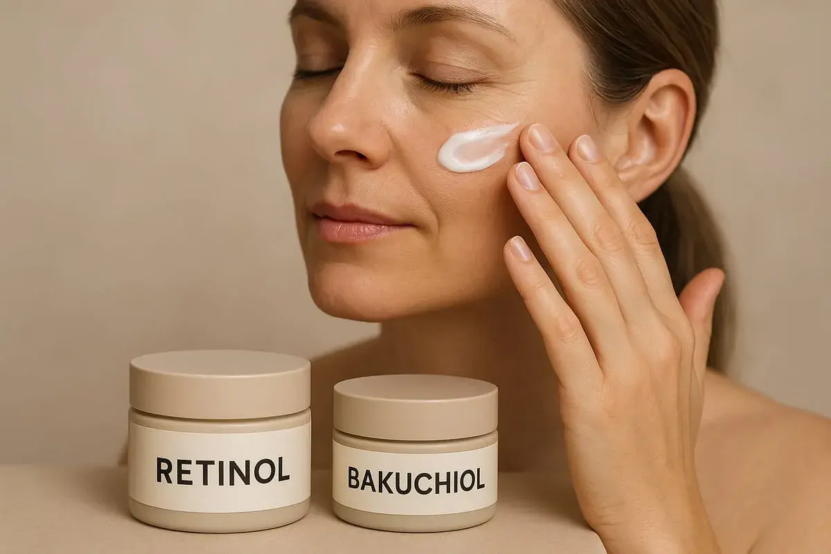 Kvinna applicerar kräm på ansiktet. Två burkar syns, en med texten RETINOL, som kan hjälpa mot akne.