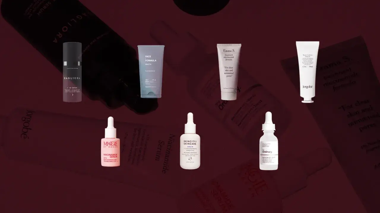 En samling av olika hudvårdsprodukter med niacinamid, som serum och krämer, för en klarare hud.