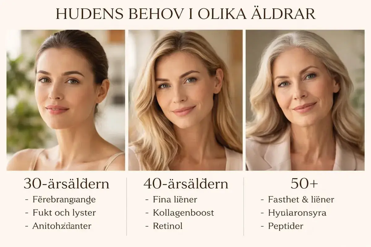 Tre kvinnor i olika åldrar visar hur åldrande hud förändras och vilka behov den har.