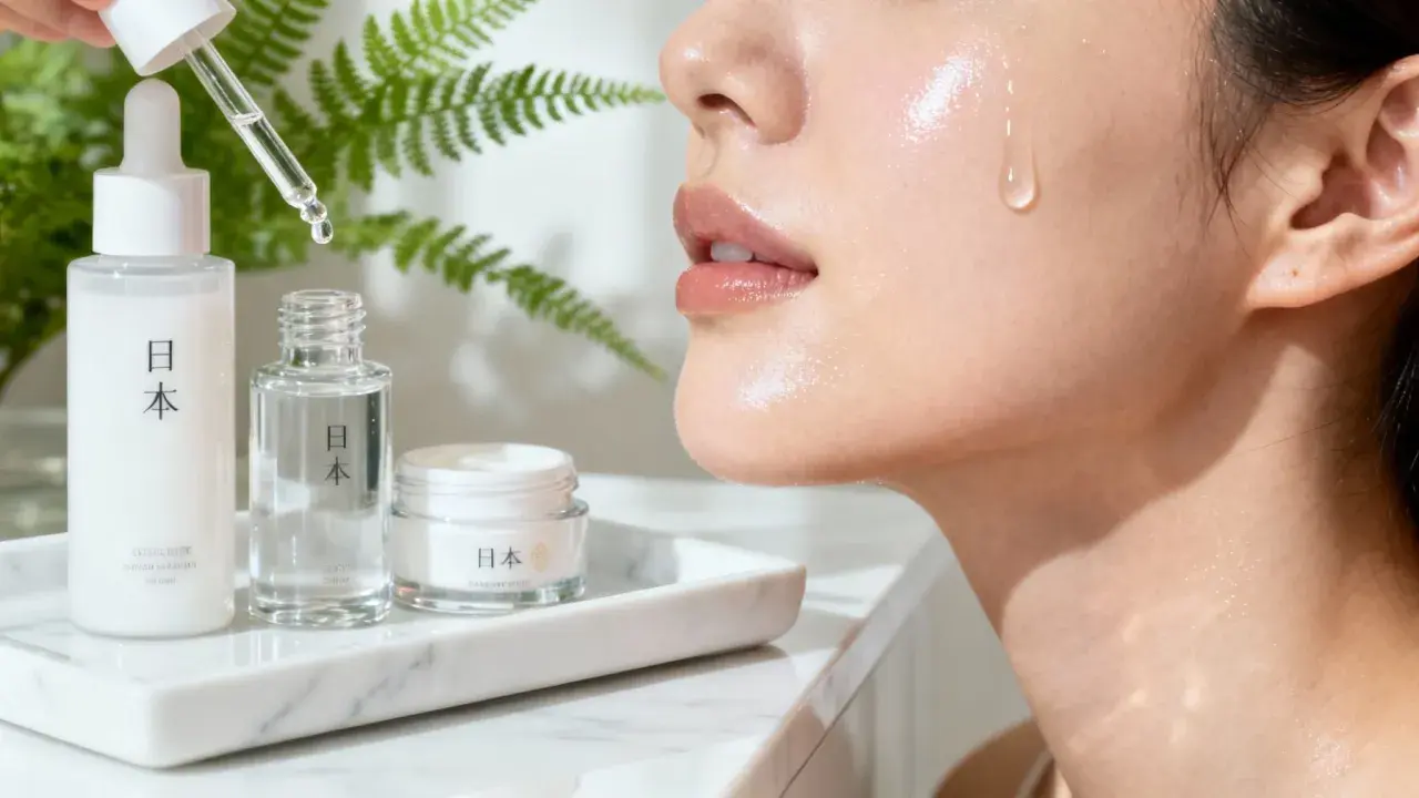 En droppe serum faller mot en glänsande hud, omgiven av japanska skönhetsprodukter. J beauty för en strålande lyster.