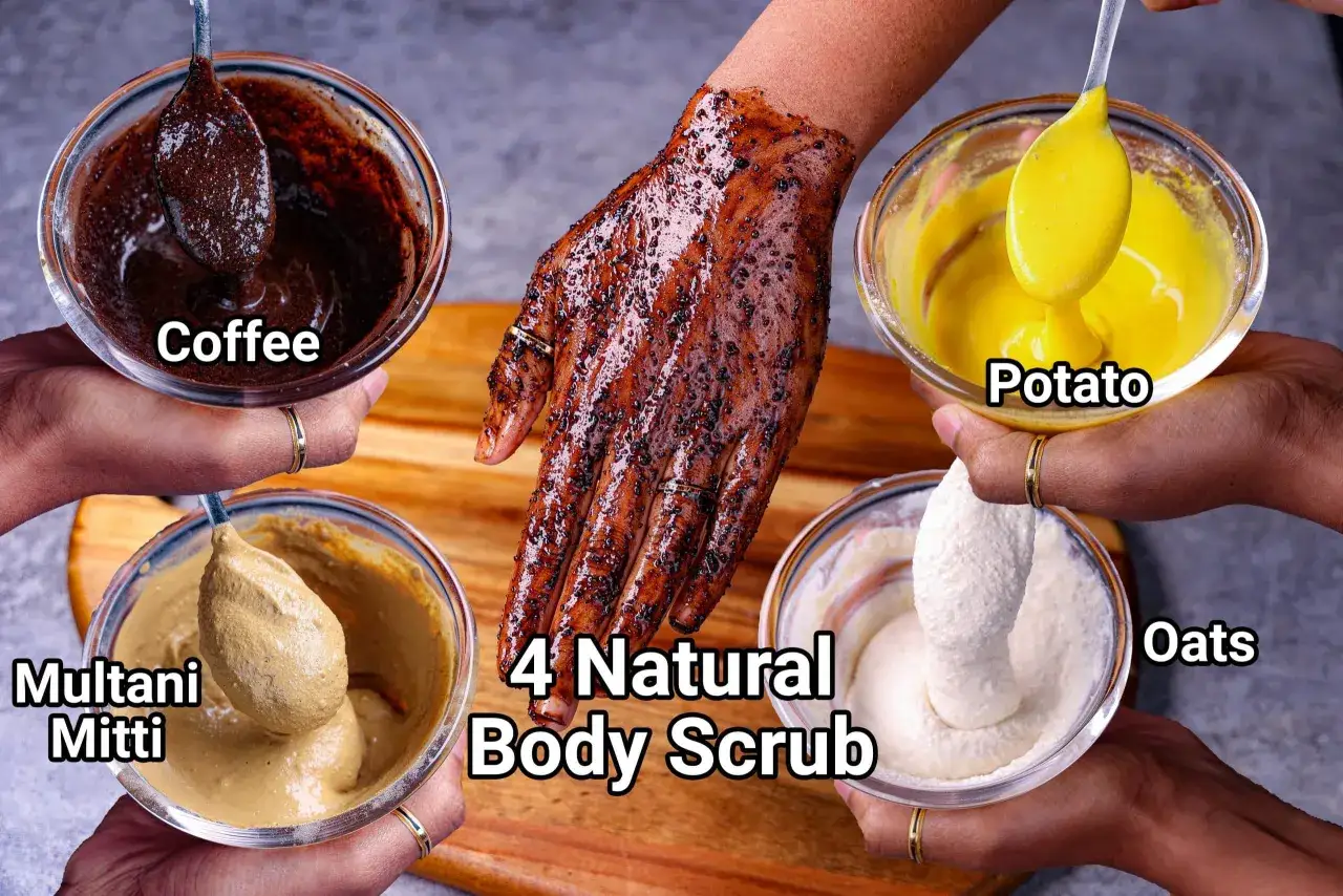 En hand täckt av kaffeskrubb, med skålar av kaffe, potatis, multani mitti och havre som visar ingredienser för hemmagjord ansiktsskrubb.