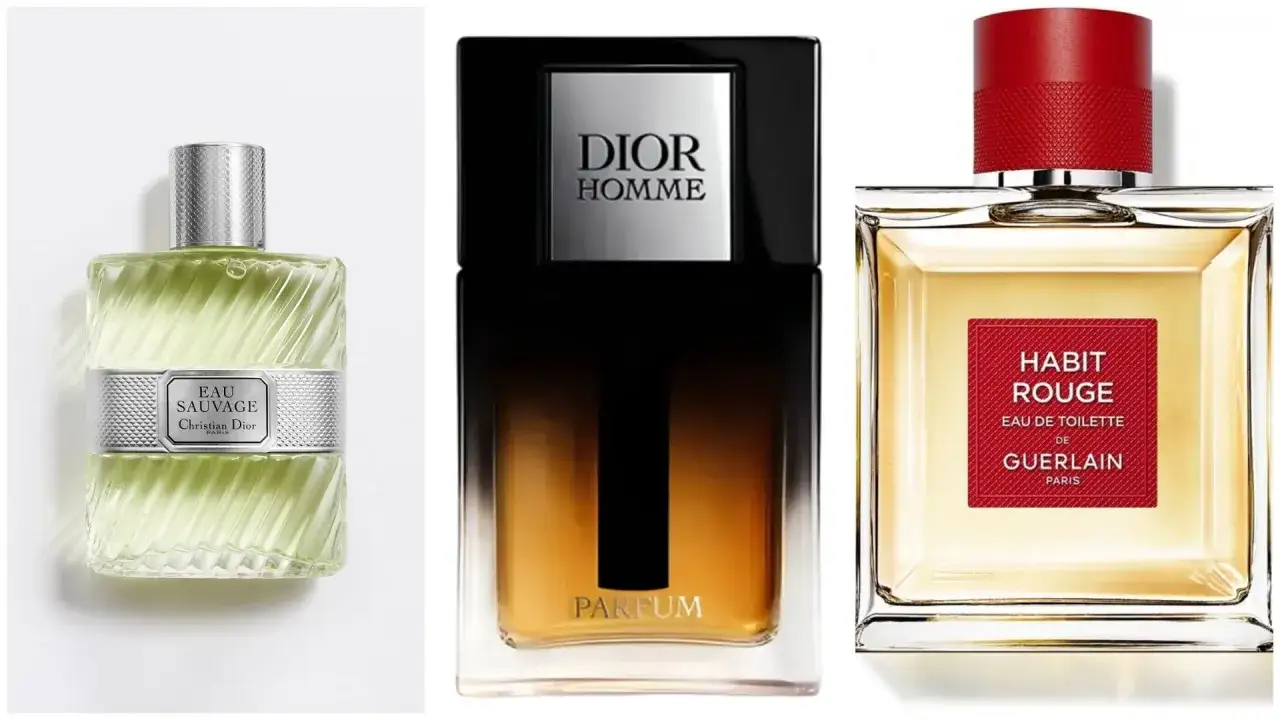 Tre klassiska herrparfymer: Dior Eau Sauvage, Dior Homme Parfum och Guerlain Habit Rouge.
