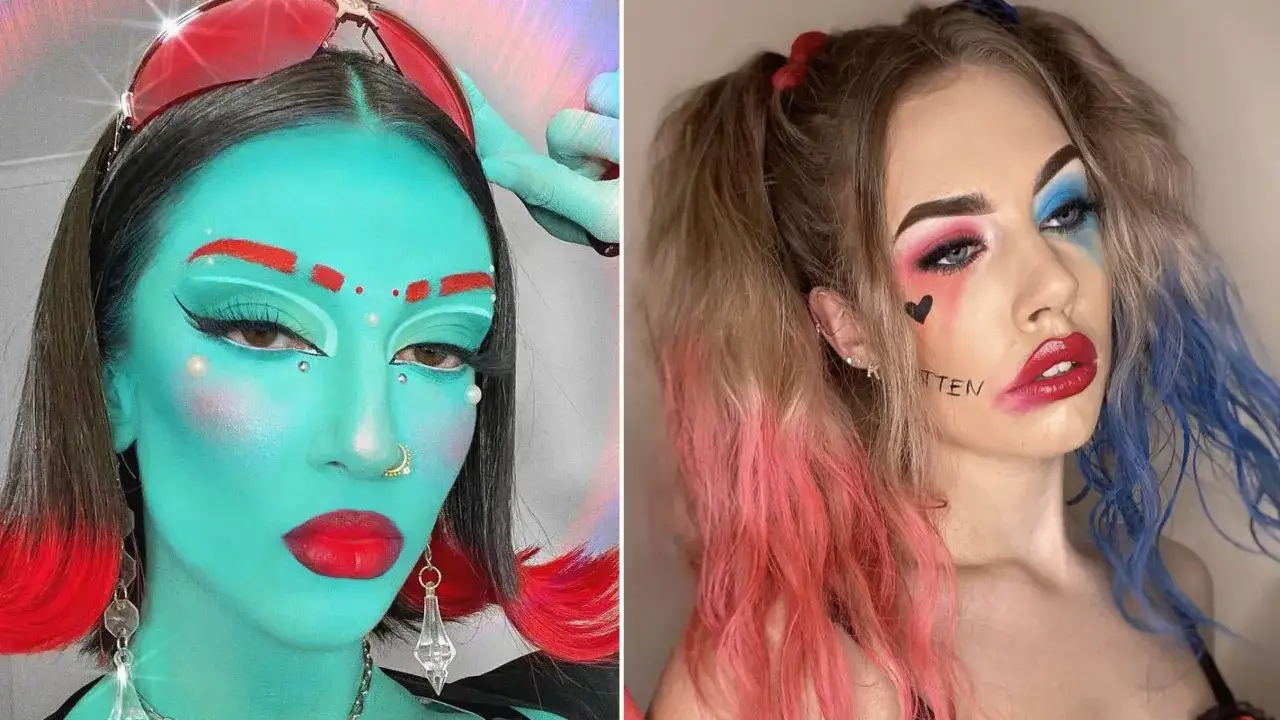 Två kvinnor med dramatisk ansiktsmålning för halloween. Den ena har turkos hy, röda läppar och ögonmakeup. Den andra har en Harley Quinn-inspirerad look med rosa och blått hår.