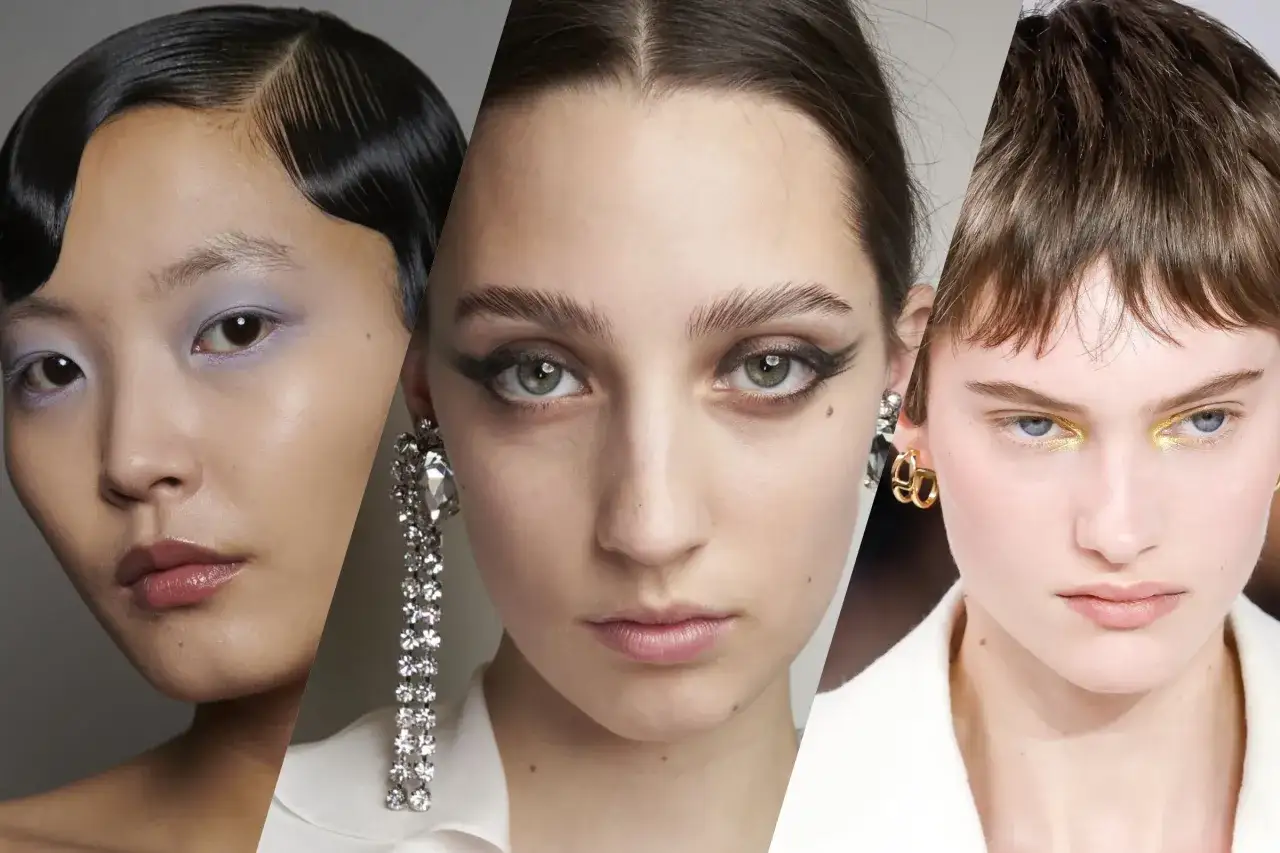 Tre modeller visar upp trendigt smink: en med lila &ouml;gonskugga, en med dramatisk eyeliner och en med gul &ouml;gonskugga.