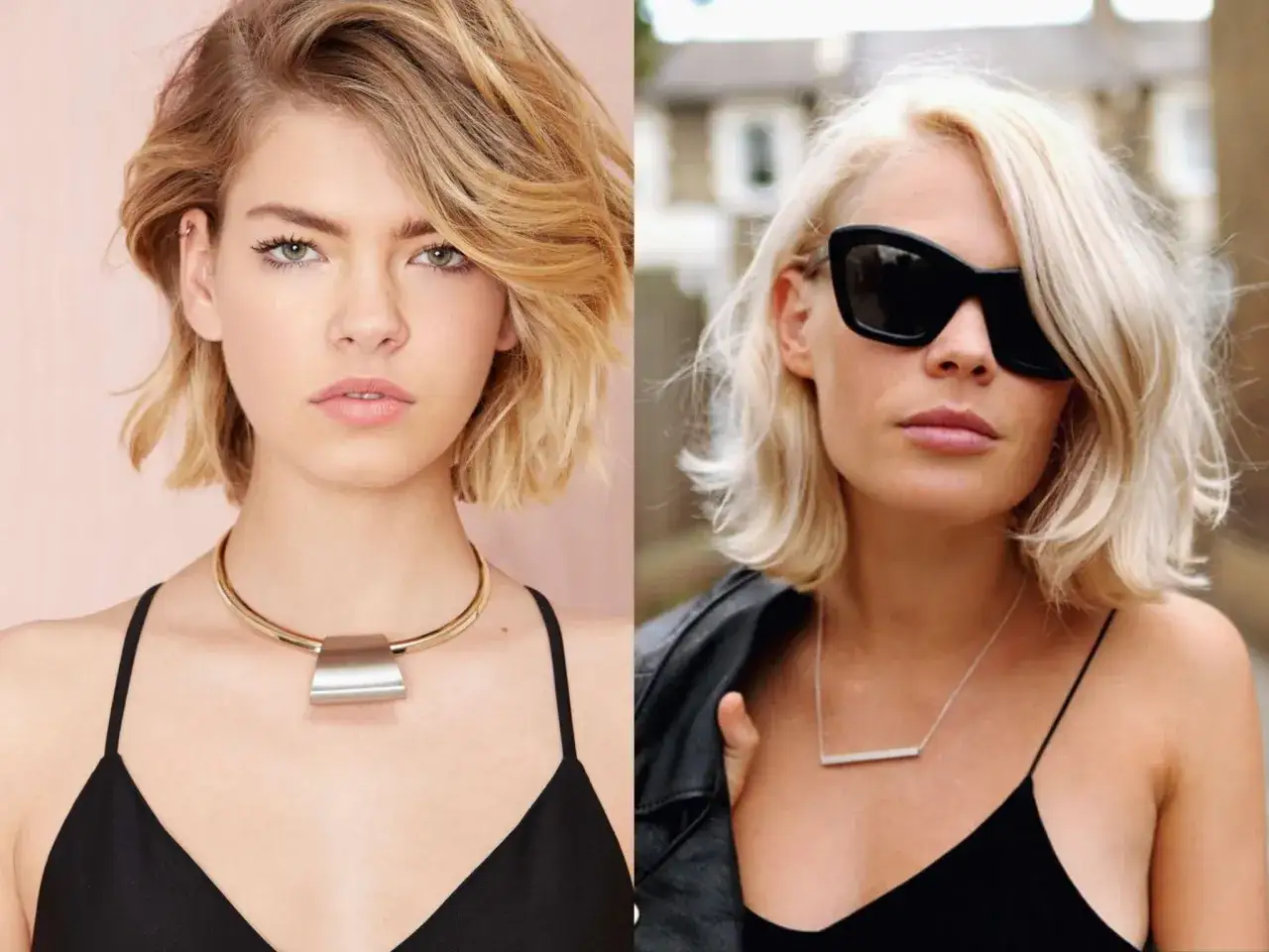 Tv&aring; kvinnor med snedlugg och kort blont h&aring;r. Den ena b&auml;r en stor, metallisk halsband, den andra solglas&ouml;gon och en tunn silverkedja.