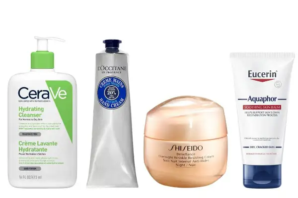 Fyra hudvårdsprodukter: CeraVe rengöring, L'Occitane handkräm, Shiseido nattkräm och Eucerin Aquaphor. Glycerin hudvård för återfuktning.
