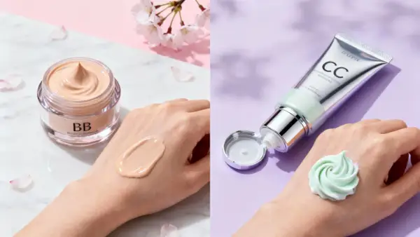 Jämförelse av bb cream vs cc cream: en beige kräm på handen till vänster, en mintgrön kräm på handen till höger.