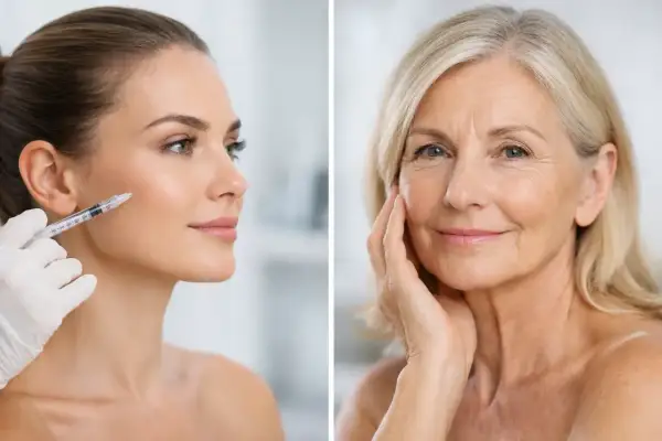En kvinna får botox. Bredvid, en äldre kvinna med mjuk hud, som en solig dag efter botox.