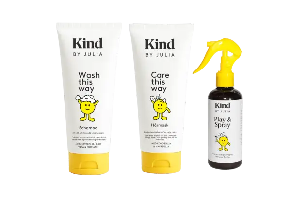 Kind by Julia schampo, hårmask och balsamspray. Perfekt för att reda ut tovigt hår och ge det glans.