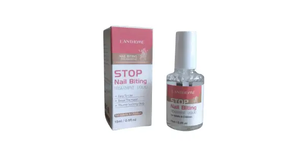 En låda och en flaska med "STOP Nail Biting Treatment Liquid" för att hjälpa dig sluta bita på naglarna.