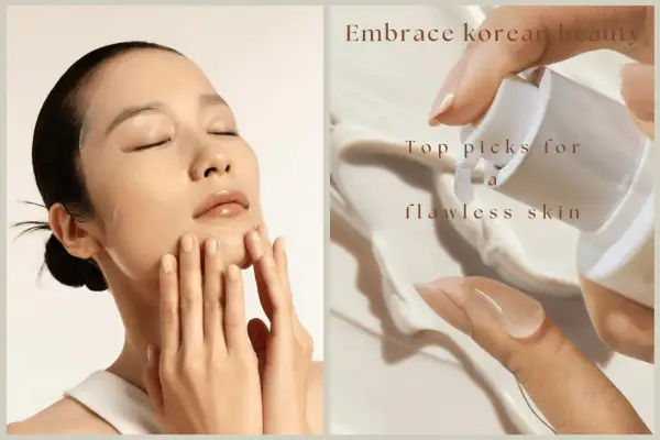 Koreansk hudvård 10 steg: en kvinna med sheet mask och en hand som applicerar kräm för en felfri hy.