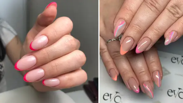 Två bilder visar fransk manikyr på korta naglar. Den vänstra bilden har neonrosa tippar, den högra har pastellfärgade linjer och neonfärger.