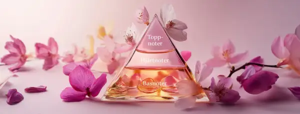 En pyramidformad parfymflaska med texten "Toppnoter", "Hjärtnoter" och "Basnoter" omgiven av rosa och vita blommor. Doftnoter parfym.
