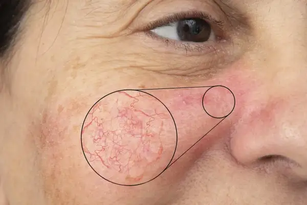 Närbild på kinden visar rodnad och synliga blodkärl, tecken på mild rosacea.