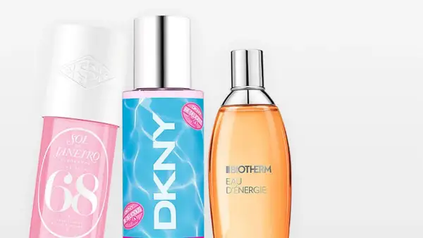 Tre parfymer: Sol de Janeiro, DKNY Be Delicious och Biotherm Eau d'Énergie. Eau de toilette betyder lättare doft.