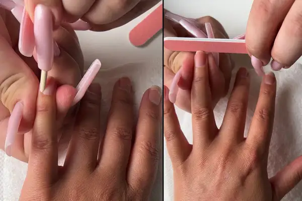 Två bilder visar steg i att göra gelenaglar hemma. En hand filar naglar, en annan förbereder nagelbanden.