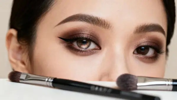 En närbild på ögon med sotad sminkning, eyeliner och glittrande skuggor. Två sminkborstar ligger framför.