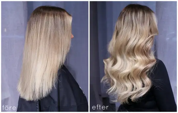 Före och efter-bilder visar en dramatisk förändring med toning på blekt hår. Håret går från rakt och lite livlöst till böljande och glansigt med en varmare ton.
