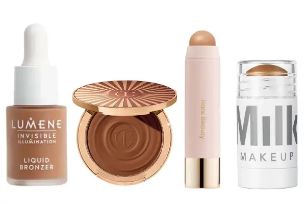 Fyra olika bronzers: flytande från Lumene, puder från Charlotte Tilbury, stick från Rare Beauty och en till stick från Milk Makeup. Alla ger en fin, kall bronzer-effekt.